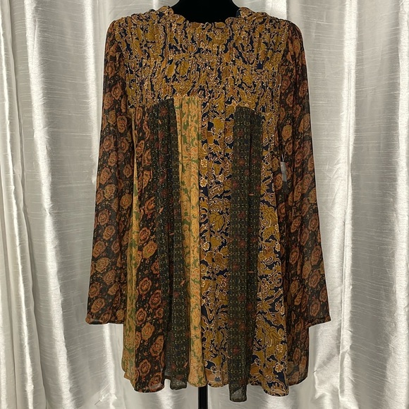Free People NWT Women’s Small Bronze Combo Merrie Mixed-Print Semi Sheer Tunic - Picture 2 of 9